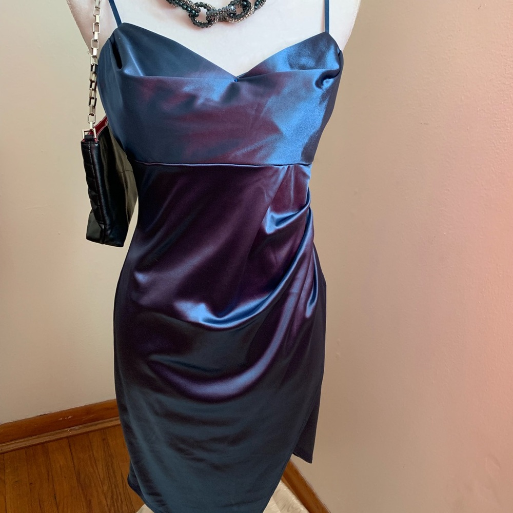 Blue Asymmetrical Ruched Mini Dress size L